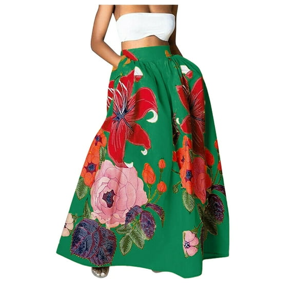ZICTH Womens High Waist Long Maxi Skirt with Pocket Summer Beach Boho Floral Print Skirt for Women