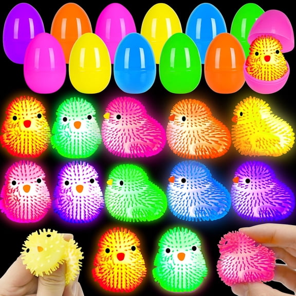 ZICZLI 18 Pack Easter Egg Fillers Chick LED Puffer Balls , Light up Flashing Spiky Toys Bulk Glow in The Dark for Kids Boys Girls Classroom Prizes Easter Basket Stuffers Party Favors Y101