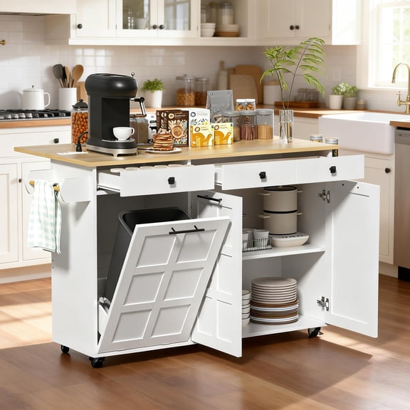 ZIDTIA 60" Kitchen Island with Drop Leaf & Power Outlet, Kitchen Rolling Island with Spice Rack & Towel Rack, Mobile Kitchen Storage Cart with Trash Cabinet, White