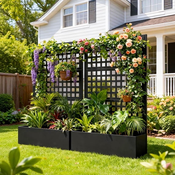 ZIDTIA 70" Metal Planter Box with Trellis, Outdoor Raised Garden Bed with Privacy Screen for Climbing Plants, Trellis Planter Box with Drainage Holes, Metal Planter Box for Patio or Balcony, Black