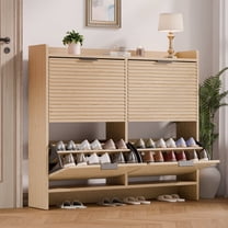 ZIDTIA Shoe Cabinet with 4 Flip Drawers for Entryway, Wooden Shoes Rack Cabinet for Slim Space, Narrow Freestanding Shoe Organizer Cabinet for Hallway, Bedroom, Living Room, Oak