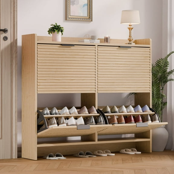 ZIDTIA Shoe Cabinet with 4 Flip Drawers for Entryway, Wooden Shoes Rack Cabinet for Slim Space, Narrow Freestanding Shoe Organizer Cabinet for Hallway, Bedroom, Living Room, Oak