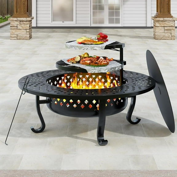 ZIENLIFE 43" Large Fire Pit with 2 Grill, Outdoor Wood Burning Firepit with Lid & Poker, Metal Round Table for Patio, Backyard, Picnic, Camping, Black