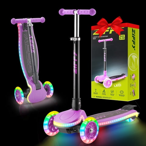 ZIFFY 3-Wheel Light-Up Kids Scooter, 4 Adjustable Height, Stability - Up to 110LBS, Anti-Slip Wide Deck Ride with 20 Dynamic LED Lights for Boys and Girls Ages 3-5 Years Old, Purple