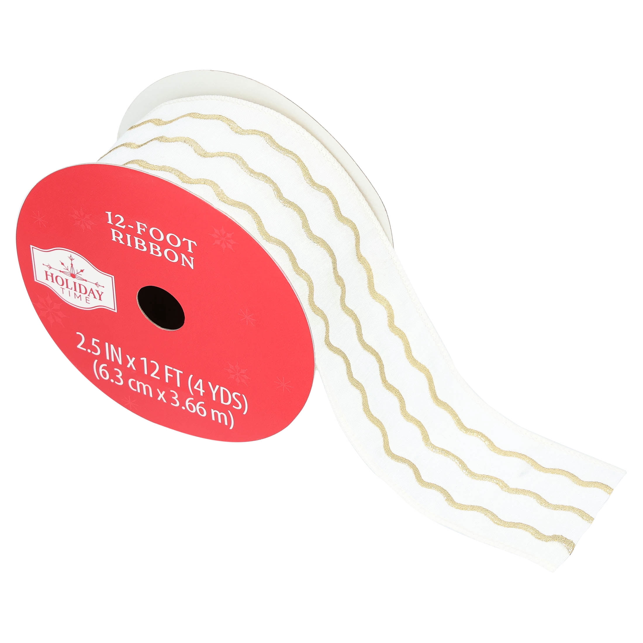 White and Gold Wavy Stripe Christmas Ribbon, 2.5" x 12', by Holiday Time