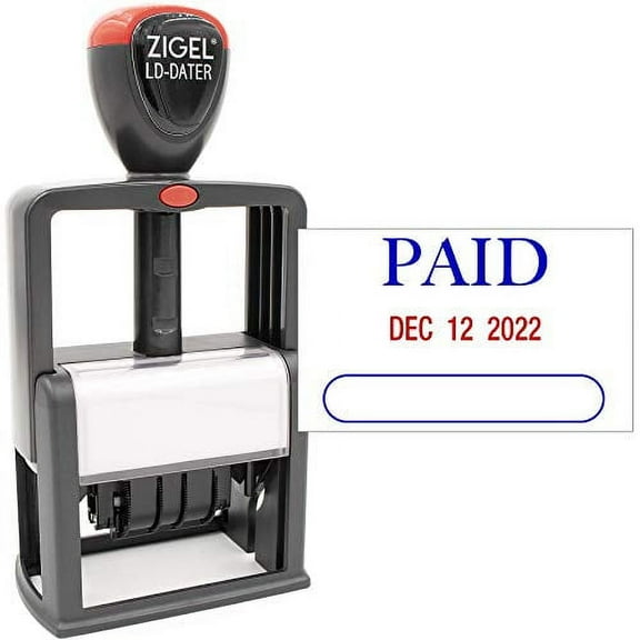ZIGEL Heavy Duty Style Self Inking Date Stamp with Paid - Style A - Blue/Red 2 Color Ink