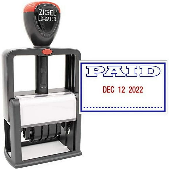 ZIGEL Heavy Duty Style Self Inking Date Stamp with Paid - Style C - Blue/Red 2 Color Ink