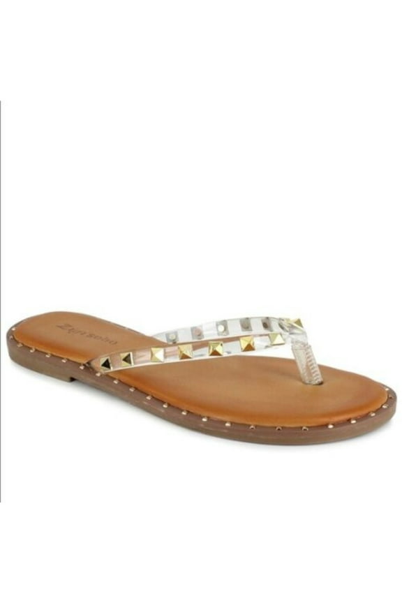 Womens Beige Studded Padded Patsye Round Toe Block Heel Slip On Flip Flop Sandal 8 M