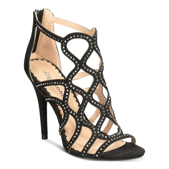 ZIGI SOHO Womens Black Caged Rhinestone Comfort Daliyah Almond Toe Stiletto Zip-Up Dress Sandals Shoes 7.5