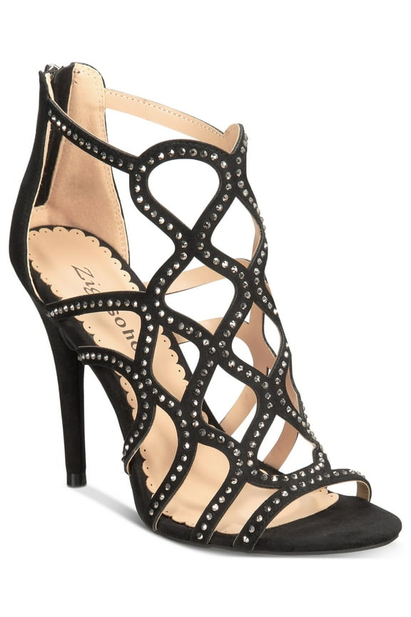 Womens Black Caged Rhinestone Comfort Daliyah Almond Toe Stiletto Zip-Up Dress Sandals Shoes 7.5