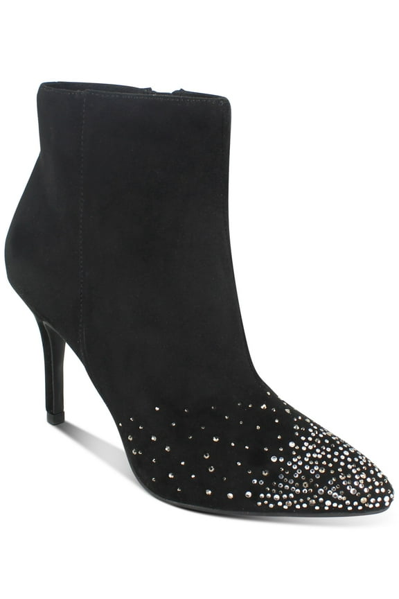 Womens Black Rhinestone Synthia Almond Toe Stiletto Zip-Up Dress Booties 7.5 M