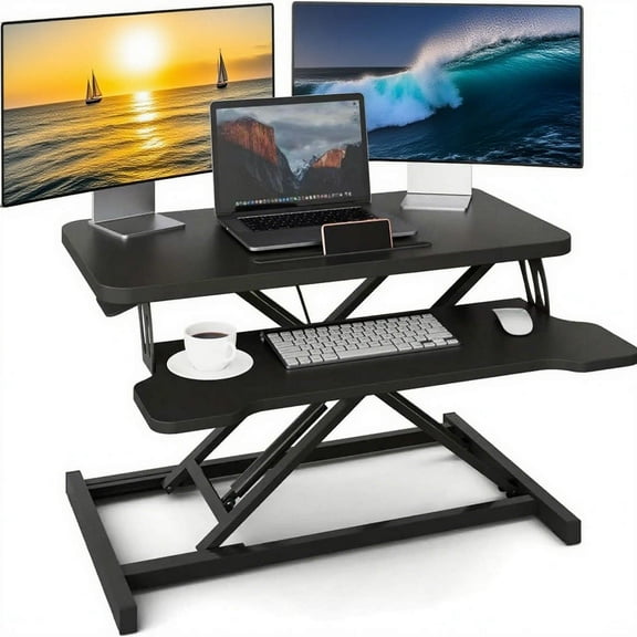 ZIHUI Standing Desk Converter 37inch, Height Adjustable Sit Stand Desk Riser, Quick Sit to Stand Tabletop Dual Monitor Riser Workstation for Home Office with Keyboard Tray, Black