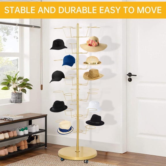 ZIHUI Standing Hat Rack Tree 7-Tier Gold Metal Movable Tree Rack Stand with Wheels 35 Hooks Wig Retail Hanger Hat Holder for Bedroom Entrance Floor Rack for Home or Commercial appealing