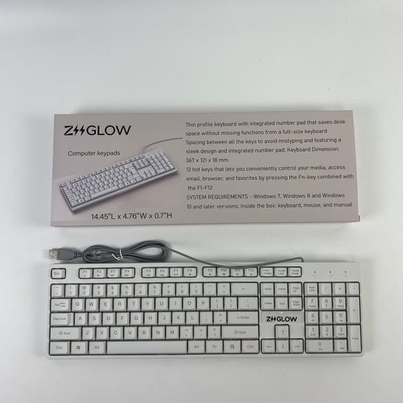 ZIIGLOW Computer keypads,Wired Quiet USB Keyboard - 14.45x4.76x0.70 Inches - Compact Design with Number Pad - White