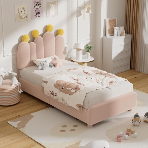 ZIKEBTUY Double Bed Frame with Headboard, Cactus Upholstered Platform Bed for Boys and Girls, Soft Rounded Corners, Solid Wood Slats for Support/No Box Spring Required, Pink
