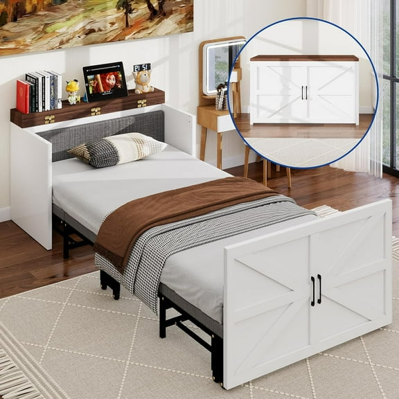 ZIKEBTUY Twin Size Murphy Bed with Headboard, 2 in 1 Cabinet Bed,Farmhouse Wood Space-Saving Hidden Folding Beds Chest, Foldable Hideaway Beds for Guest Bedroom, Living Room, Office