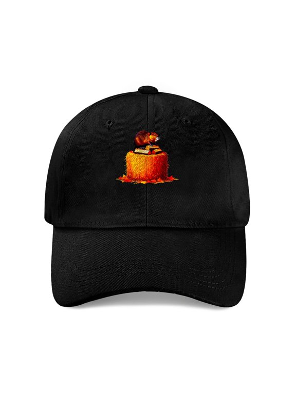 Beaver on Hay Bale Stacking Baseball Cap, Cotton Twill Dad Hat