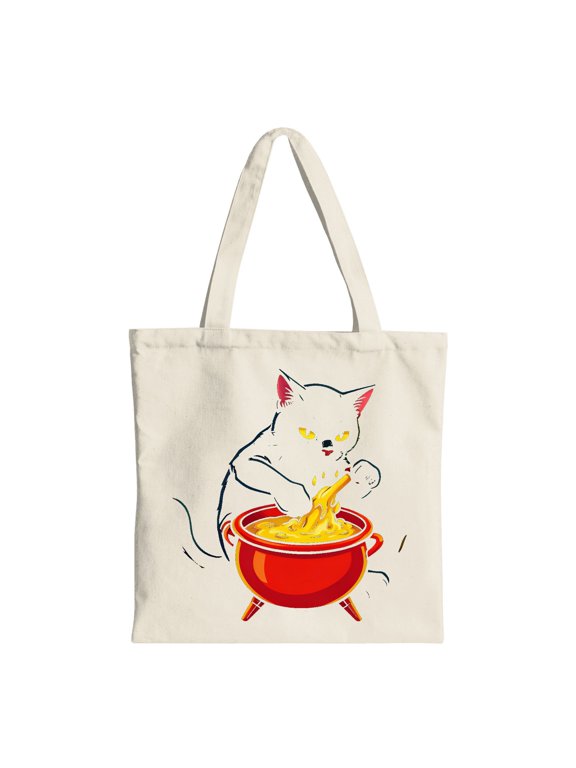 Black Cat Stirring Bubbling Potion Halloween Canvas Tote Bag, Beige
