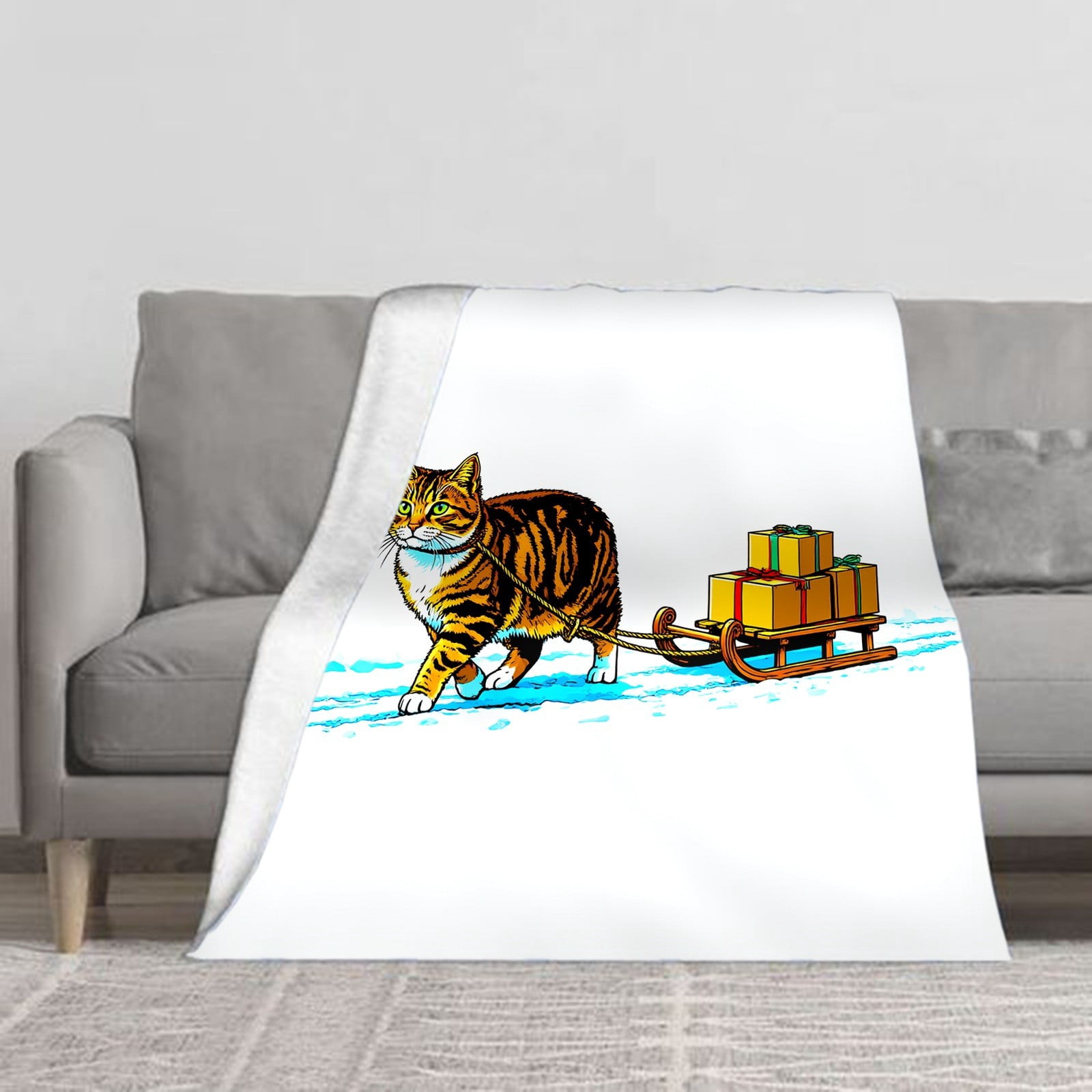 ZILE Cartoon Cat Pulling Sleigh Delivery Christmas Fleece Throw Blanket ...