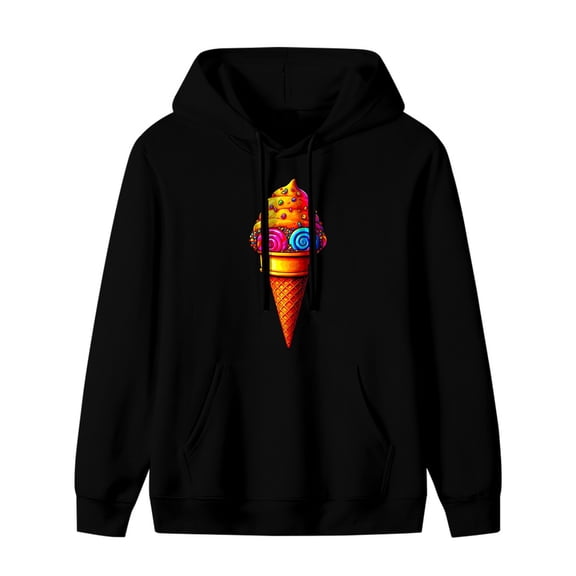 ZILE Ghostly Ice Cream Cone Halloween Graphic Hoodie, Black Unisex Pullover