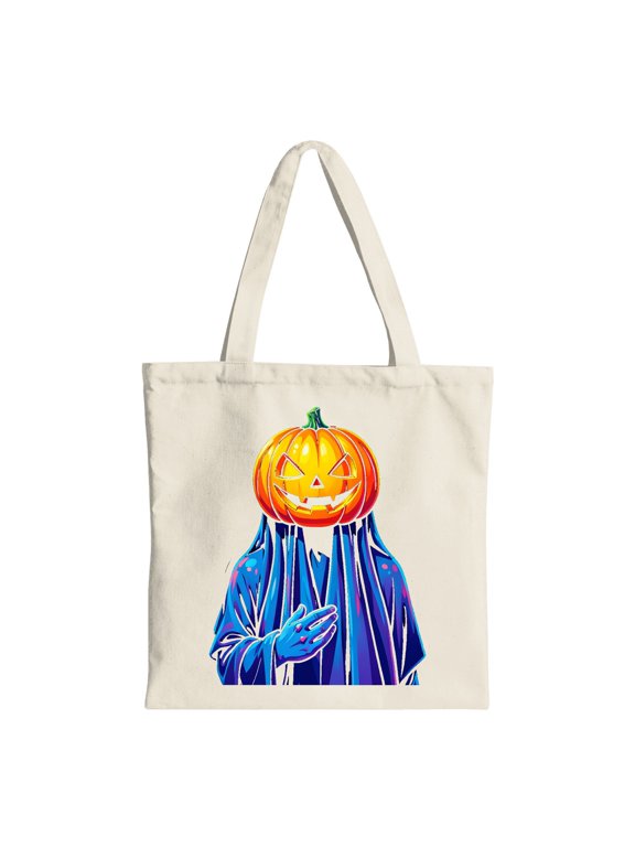 Ghostly Jack-o'-lantern Head Halloween Canvas Tote Bag, Beige