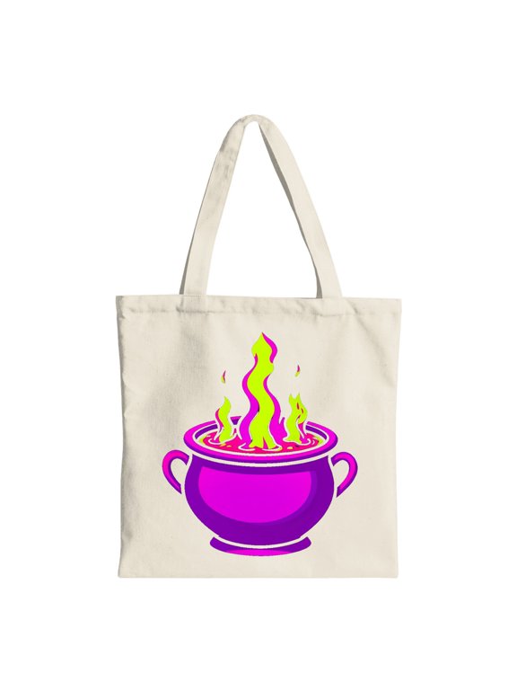 Neon Spooky Potion Cauldron Halloween Canvas Tote Bag, Beige, Reusable