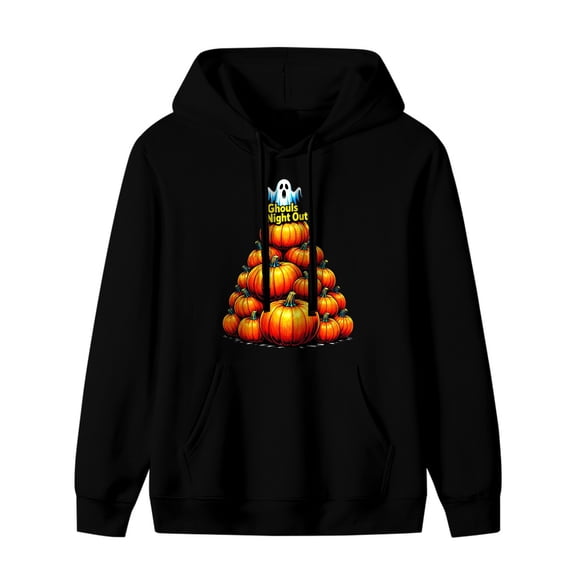 ZILE Pumpkin Stack with Ghost Halloween Graphic Hoodie, Black
