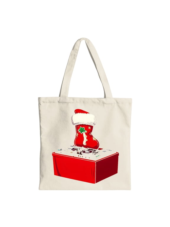 Red Christmas Stocking DJ Booth Canvas Tote Bag, Beige, Reusable