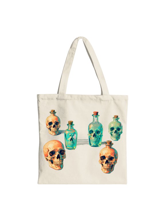 Skull Potion Bottles Canvas Tote Bag, Beige Reusable Shopping Bag