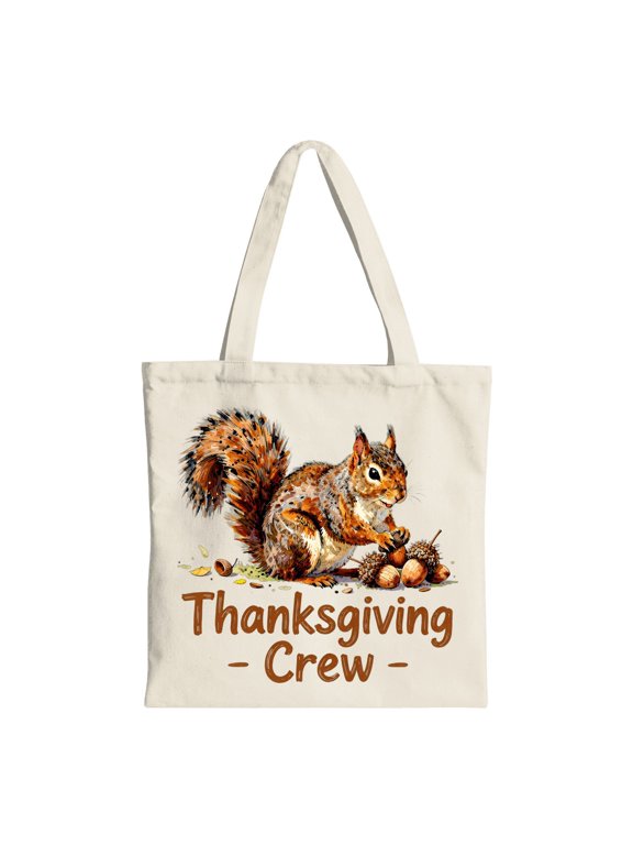 Squirrel Gathering Acorns - Thanksgiving Crew Canvas Tote Bag, Beige