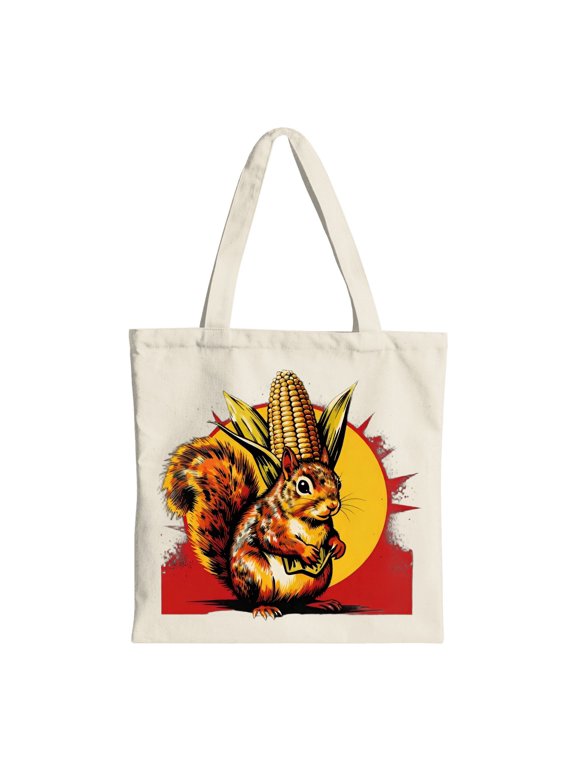Squirrel with Corn Cob Thanksgiving Canvas Tote Bag, Beige, Reusable