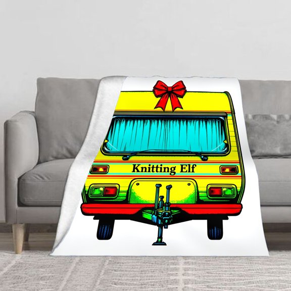 ZILE Vintage Camper Trailer Knitting Elf Christmas Fleece Throw Blanket