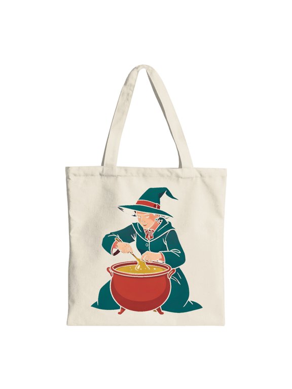 Vintage Witch Crafting Potion Halloween Canvas Tote Bag, Beige