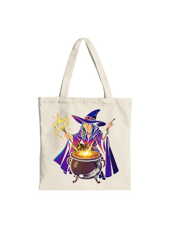 Witch Casting Spell Over Bubbling Cauldron Halloween Tote Bag