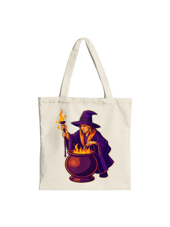 Witch Casting Spell with Cauldron Halloween Canvas Tote Bag, Beige