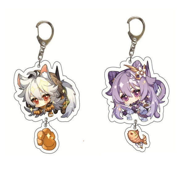 ZILEFSILK 2PCS Anime Game Genshin Impact Cute Razor Keqing Acrylic Figure Keychain Set Cosplay Vision Key Chain Merch(35)