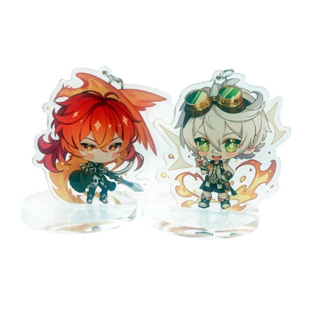 ZILEFSILK 2PCS Cute Anime Game Genshin Impact Acrylic Figure Bennett Diluc Keychain Set Vision Cosplay Merch Key Chain(12)