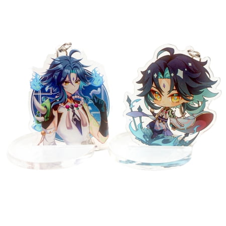 ZILEFSILK 2PCS Cute Anime Game Genshin Impact Acrylic Figure Xiao Keychain Set Vision Cosplay Merch Key Chain(10)