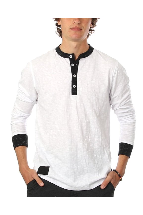Men's Long Sleeve Contrast Button Placket Neck Cuffs Casual Henley Shirts