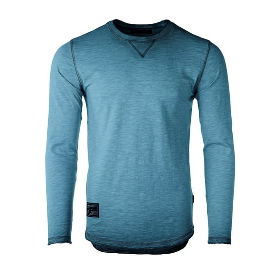 ZIMEGO Men's Long Sleeve Vintage Garment Oil Wash Color Dyed Crew Neck Hip Hop Hipster T-Shirt with Curved Hemline