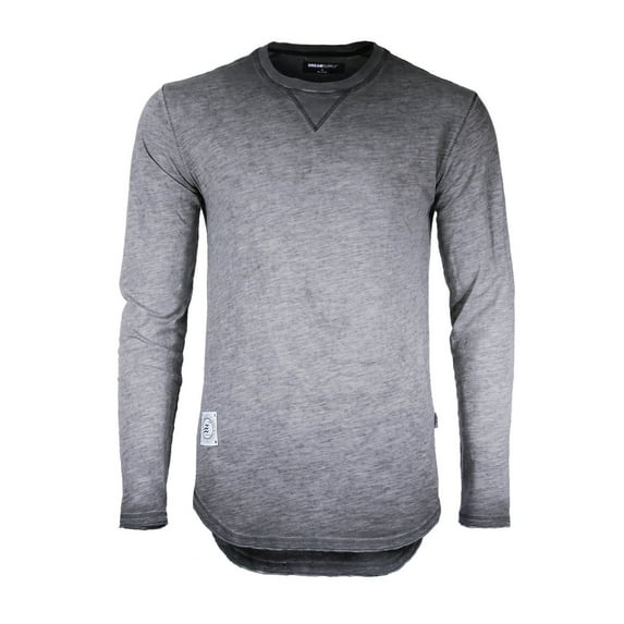 ZIMEGO Men's Long Sleeve Vintage Garment Oil Wash Color Dyed Crew Neck Hip Hop Hipster T-Shirt with Curved Hemline