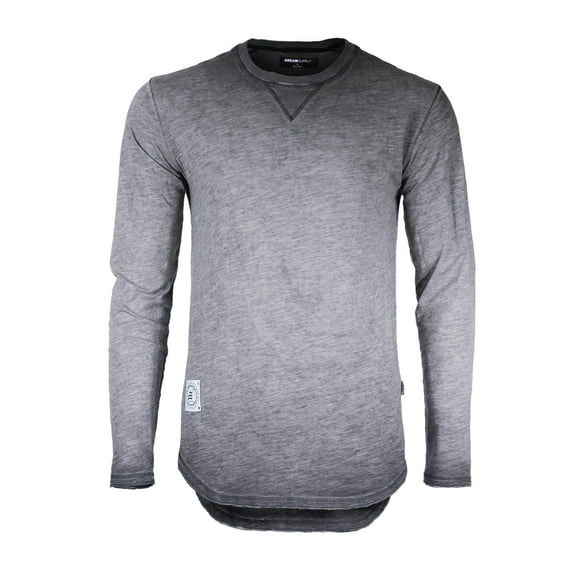 ZIMEGO Men's Long Sleeve Vintage Garment Oil Wash Color Dyed Crew Neck Hip Hop Hipster T-Shirt with Curved Hemline
