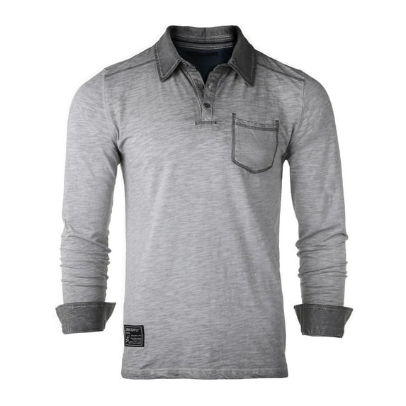 ZIMEGO Men's Long Sleeve Vintage Polo Shirt - Garment Color Dyed Oil Wash and Chest Pocket