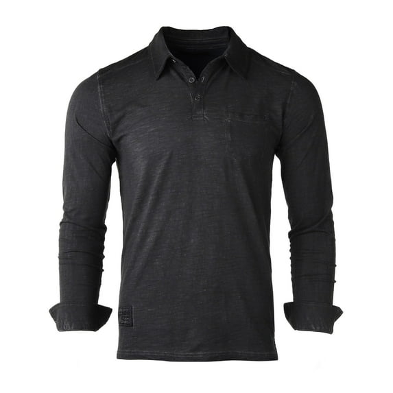 ZIMEGO Men's Long Sleeve Vintage Polo Shirt - Garment Color Dyed Oil Wash and Chest Pocket