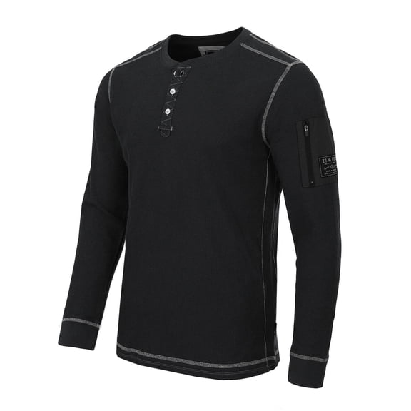 ZIMEGO Mens Long Sleeve Waffle Henley - Thermal Shirt, Pocket, Black, Medium