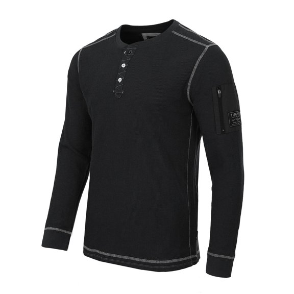 ZIMEGO Mens Long Sleeve Waffle Henley - Thermal Shirt, Pocket, Black, XX-Large