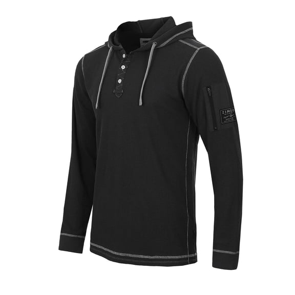 ZIMEGO Mens Waffle Pullover Hoodie - Long Sleeve Thermal Sweatshirt for Men, Black, Large