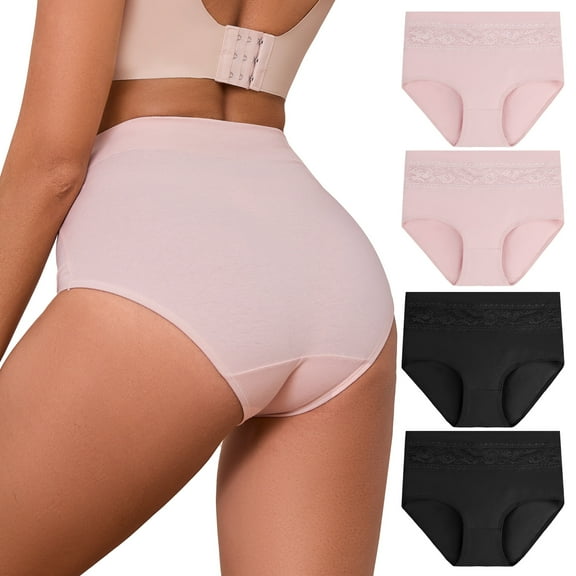 GAI YI Women's High Waisted Briefs Tummy Control Cotton Underwear Ladies Lace Panties 4Pack 2Black+2Pink L