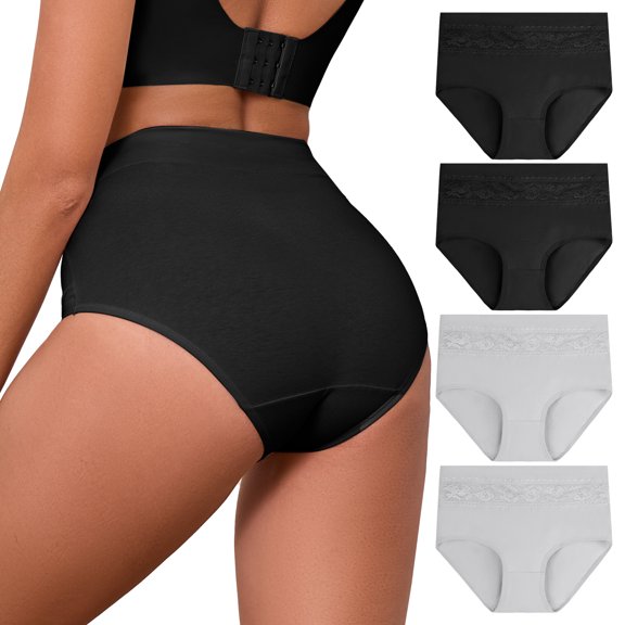 GAI YI Women's High Waisted Briefs Tummy Control Cotton Underwear Ladies Lace Panties 4Pack 2Black+2Grey L