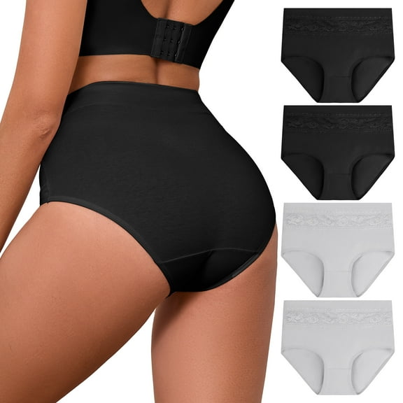 GAI YI Women's High Waisted Briefs Tummy Control Cotton Underwear Ladies Lace Panties 4Pack 2Black 2Grey XL